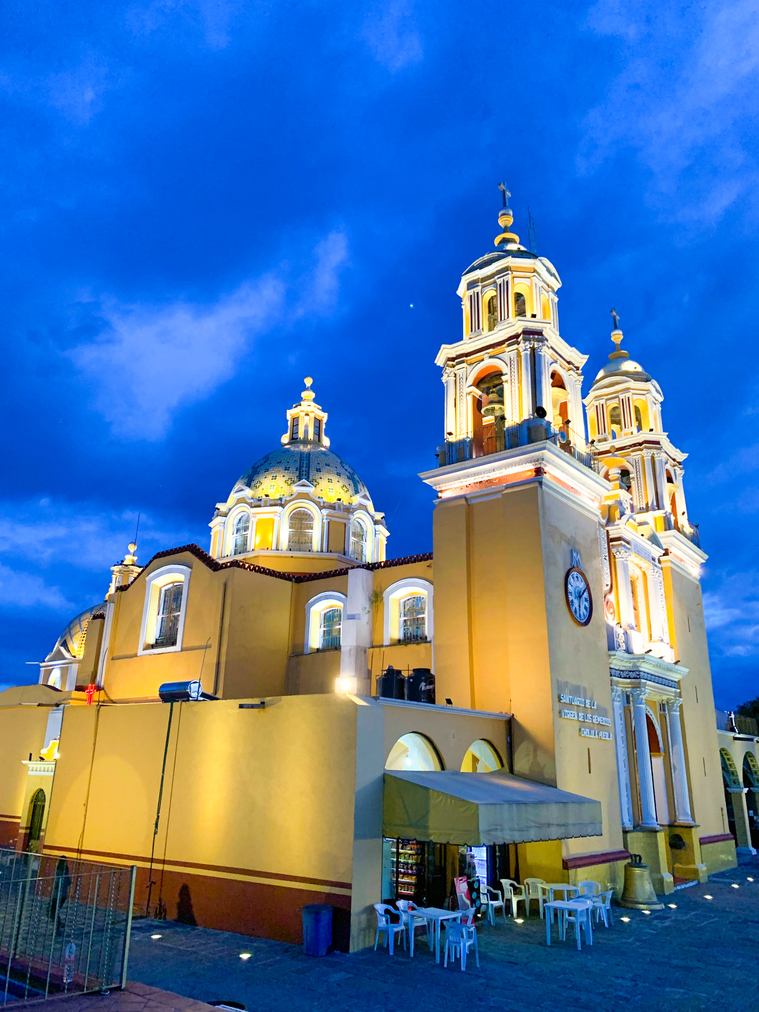 Beautiful illuminated church architecture at night in Puebla